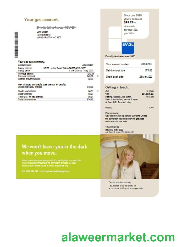 Australia AGL gas utility bill template in Word and PDF format